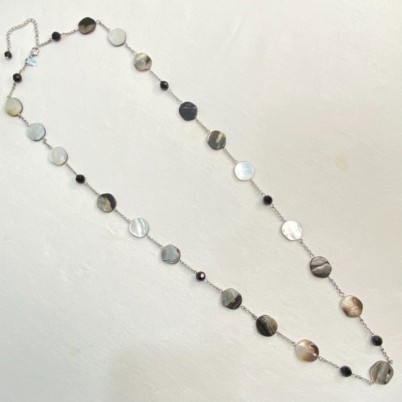 Lia Sophia Opera Necklace Agate Black Beads And Silver Tone Chain - Picture 2 of 5